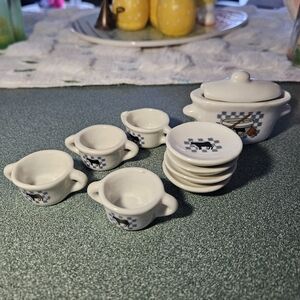 Vintage Mini Tea Soup Set Cows Farm House Holstein Bowl Plate Crock Serving Set